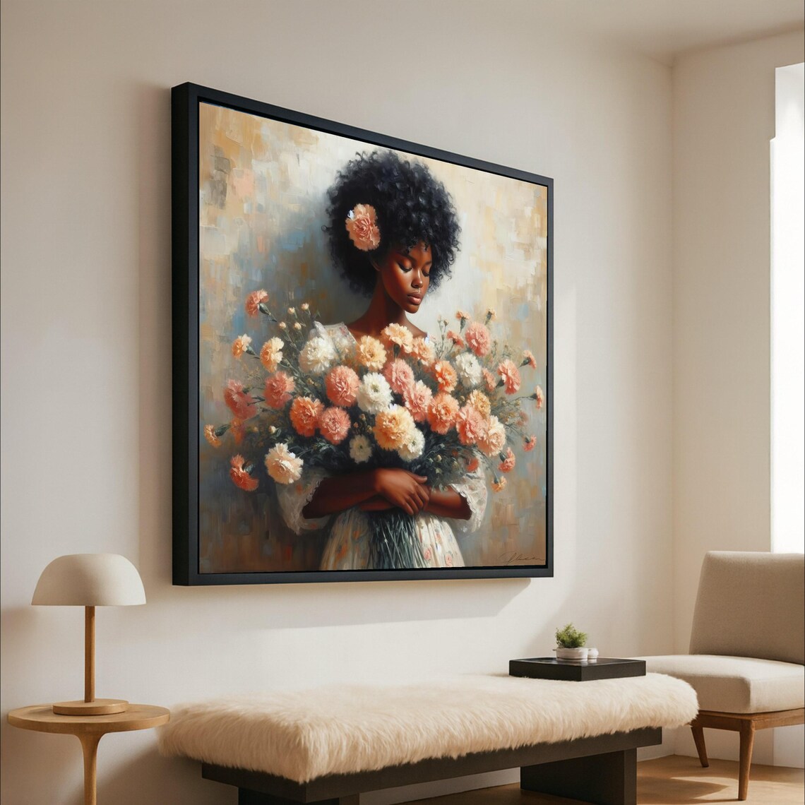 Elegant Black Woman with Floral Bouquet Vintage Style Portrait Painting Poster