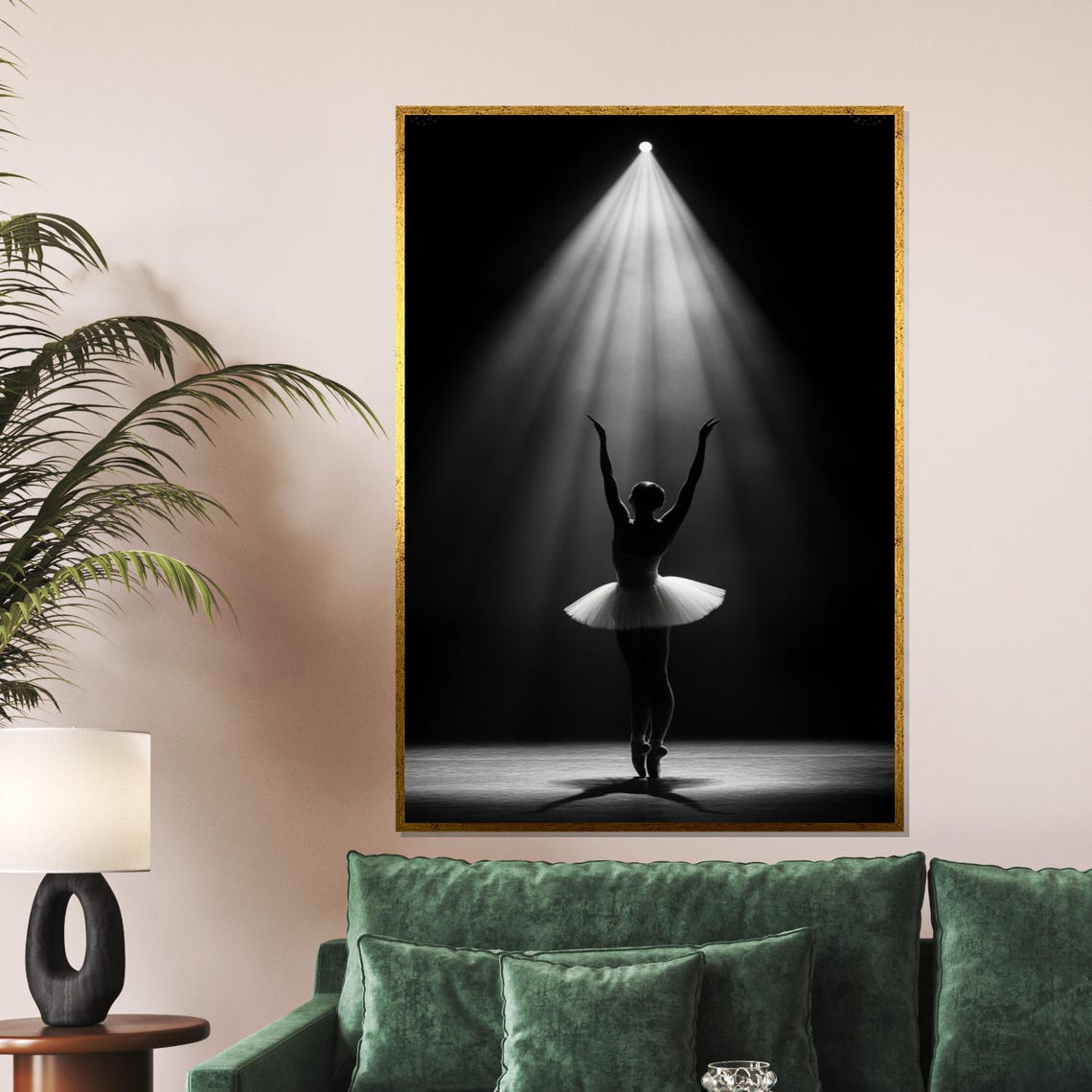 Ballerina Silhouette Under Stage Spotlight Black and White Poster