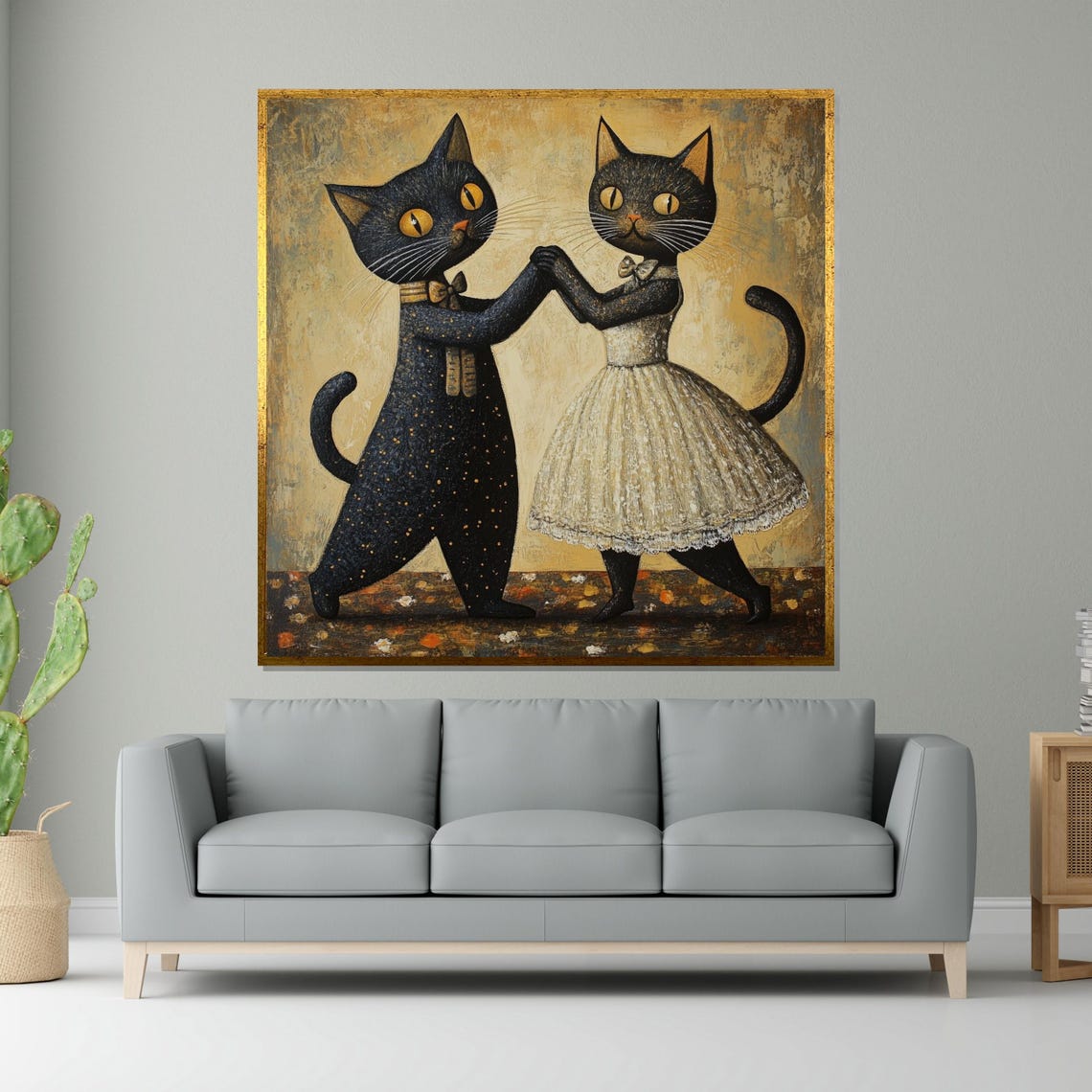 Two Adorable Black Cats Dancing Vintage Whimsical Feline Poster