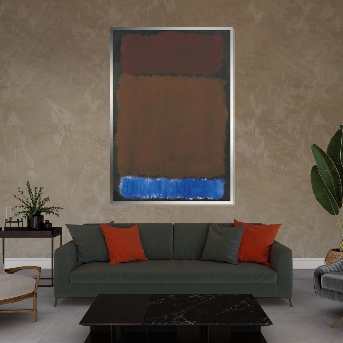 Earthy Bronze and Blue Color Field Abstract Modern Art Poster - Image 4