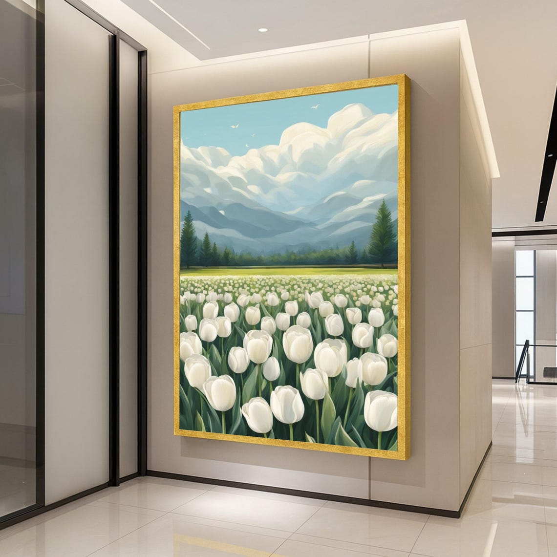 White Tulip Field Mountain Clouds Scenic Spring Floral Poster