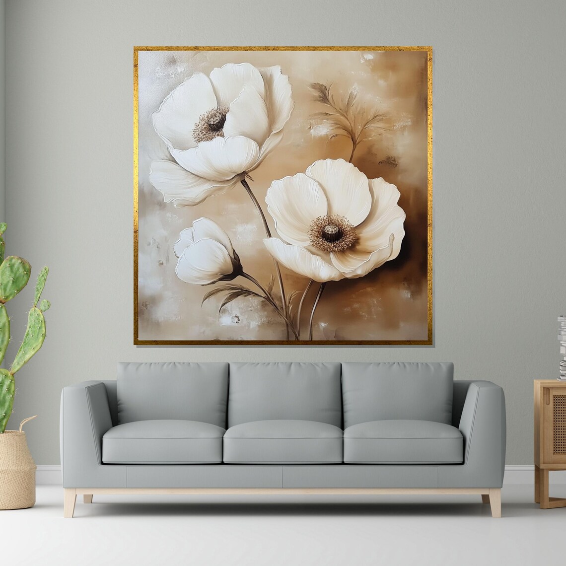 Elegant White Poppy Flowers Soft Beige Minimalist Floral Poster