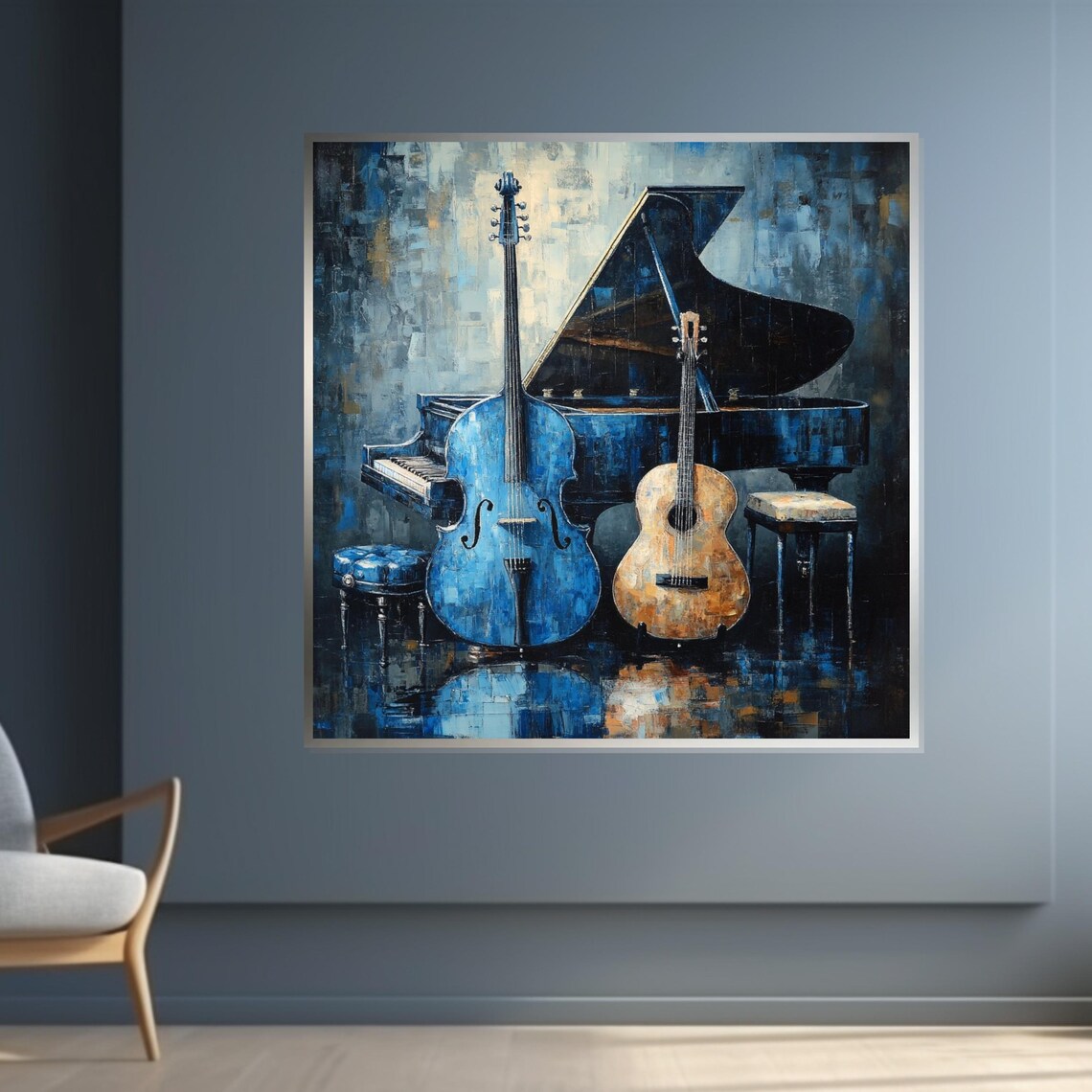 Musical Harmony Blue Cello, Acoustic Guitar, Piano Art Print - Image 4