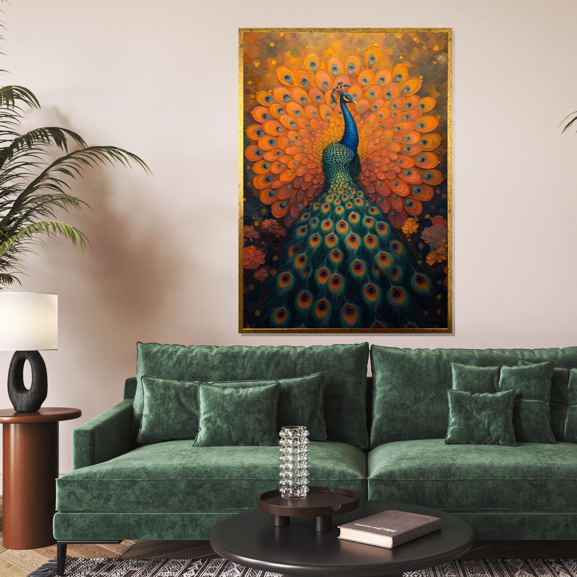 Fiery Orange Peacock Full Plume Display Vibrant Bird Decor Poster
