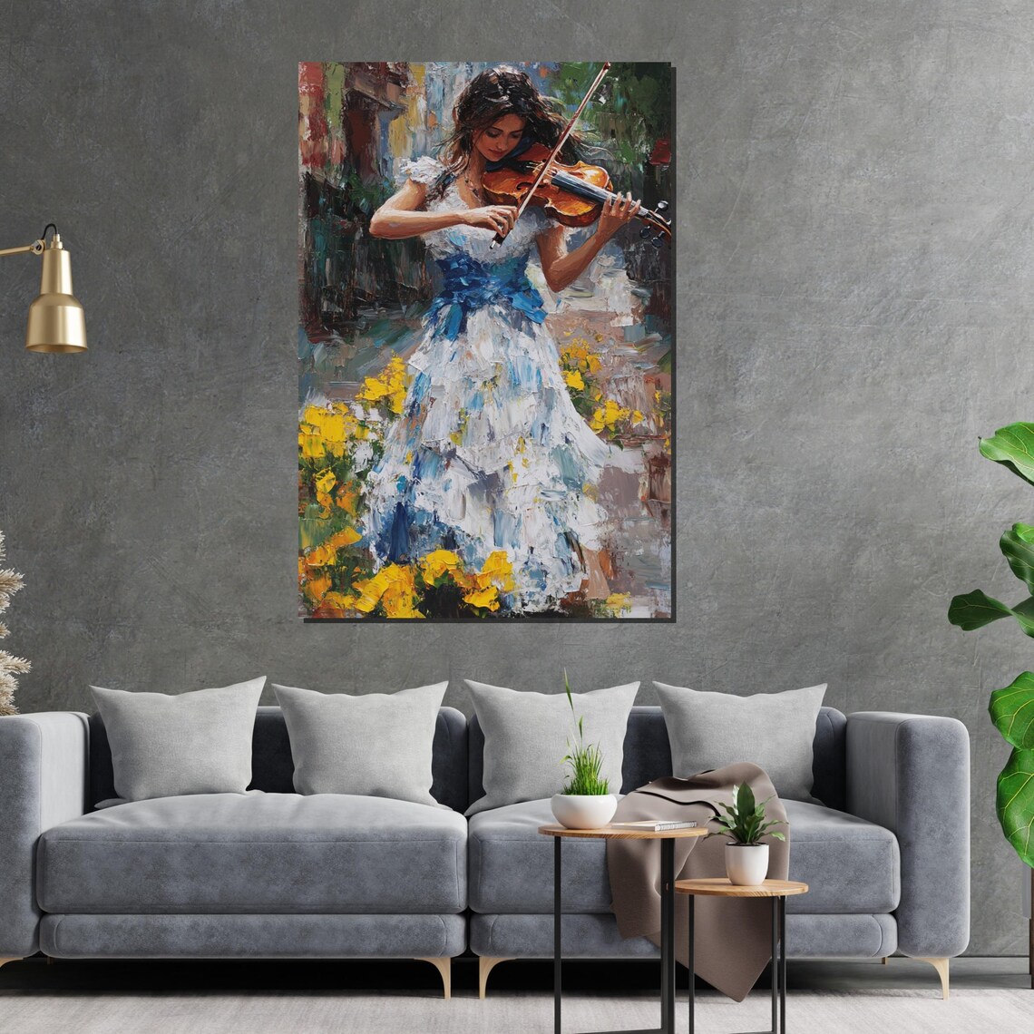 Woman Street Violinist In Blue Dress Among Yellow Blooms Poster - Image 2
