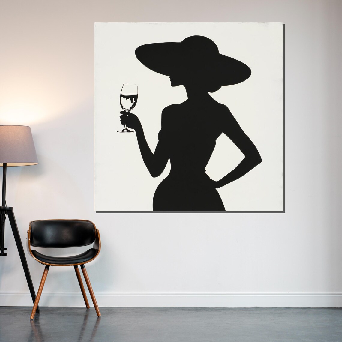 Elegant Lady Silhouette Wide Brim Hat Wine Glass Modern Wall Art - Image 2