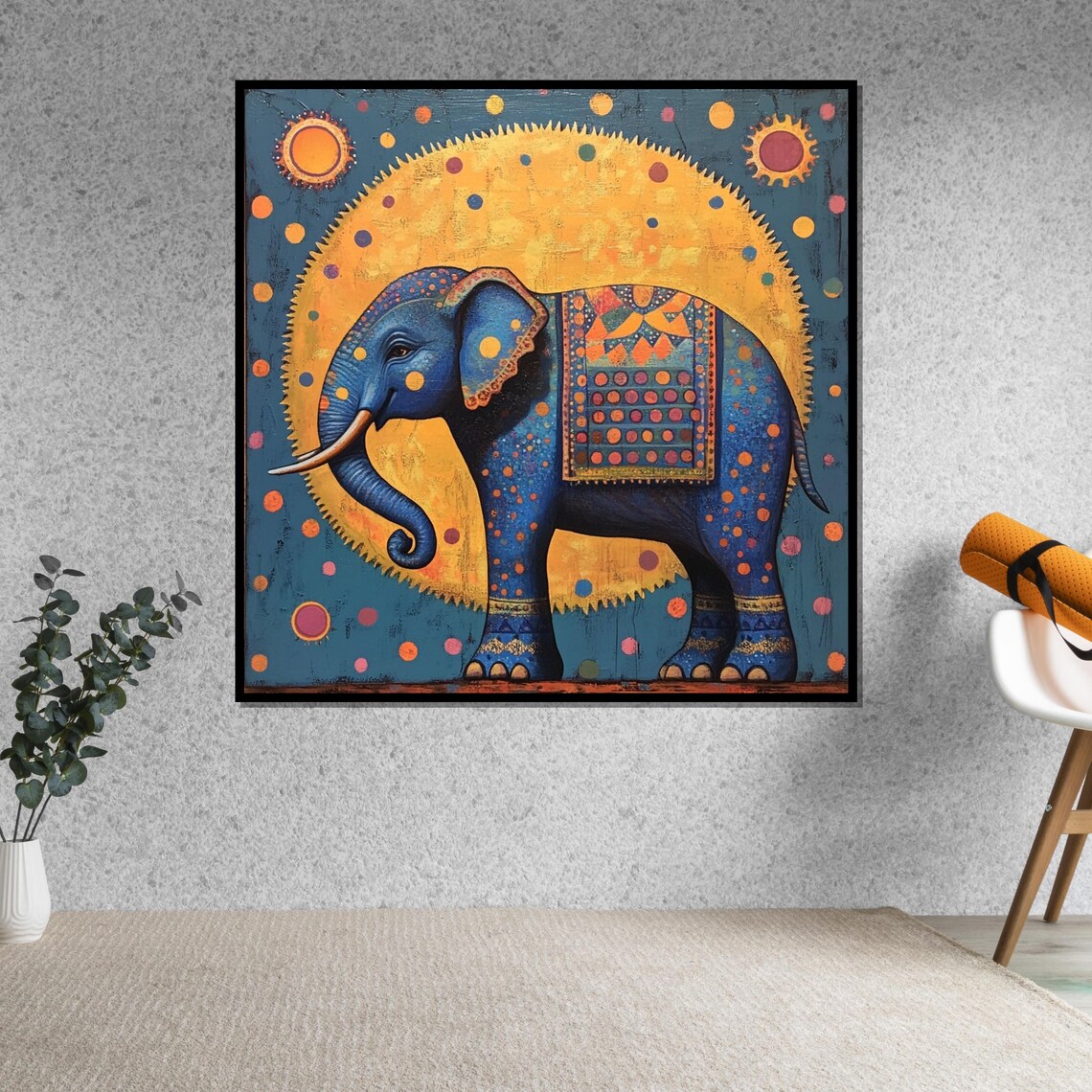 Blue Decorative Elephant Gold Sun Folk Art Vibrant Animal Poster - Image 5