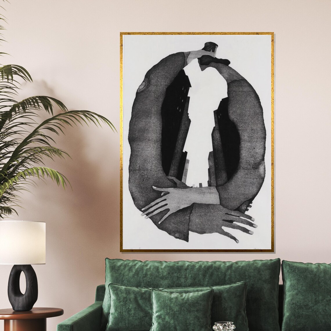 Monochrome Embrace Two Figures Entwined Circle Abstract Love Poster