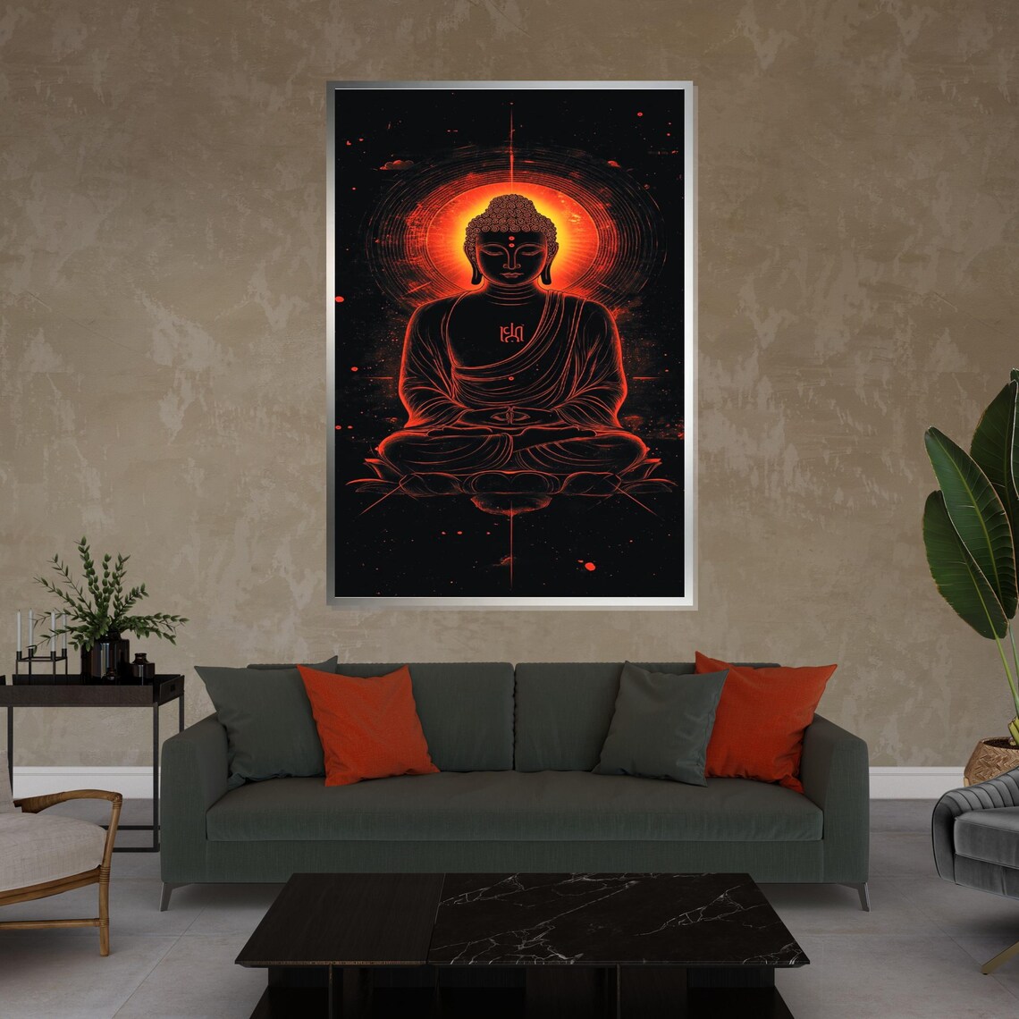 Neon Red Buddha Glowing Mandala Dark Black Background Art Poster - Image 4