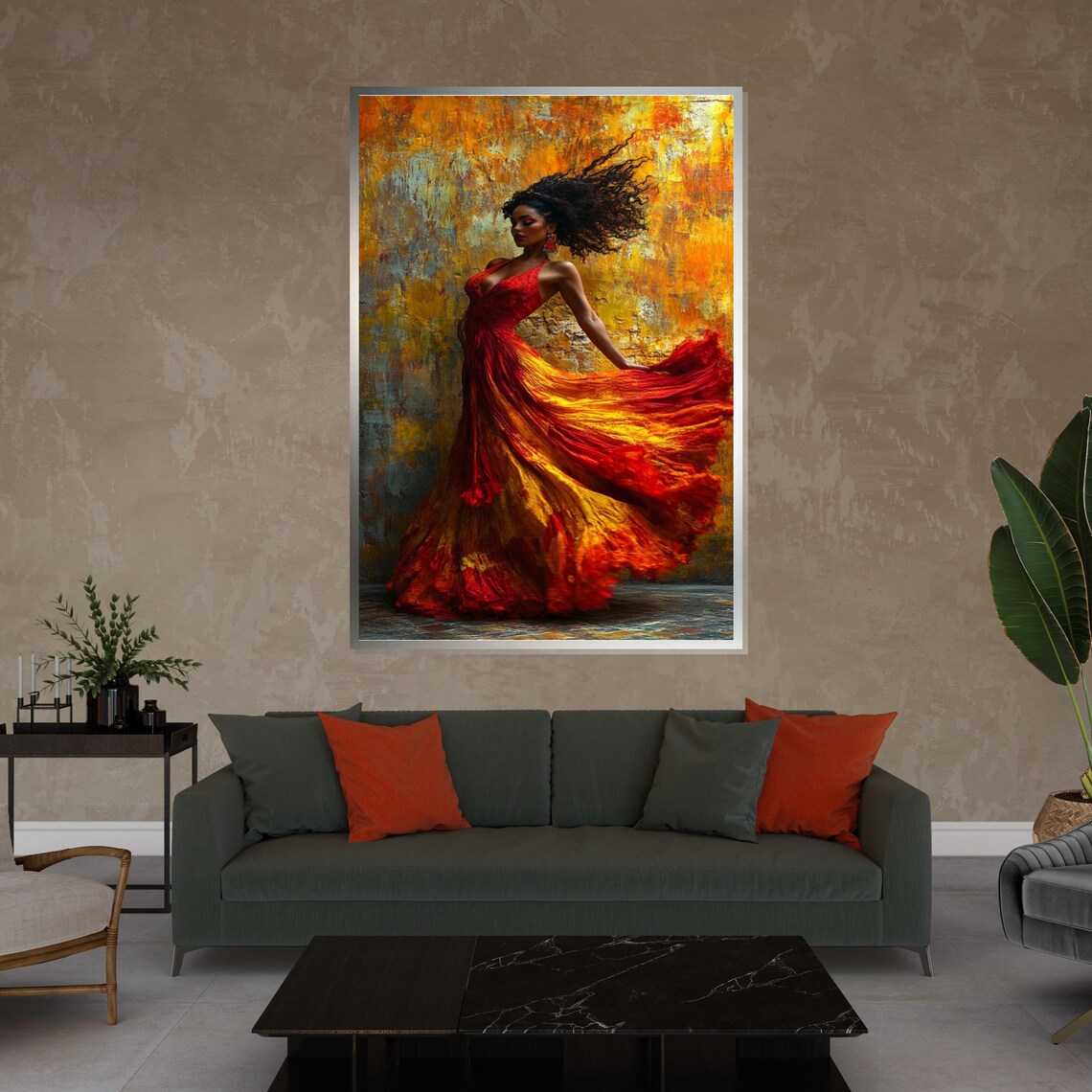 Fiery Flamenco Dancer in Flowing Red Orange Dress Golden Art Poster - Image 4