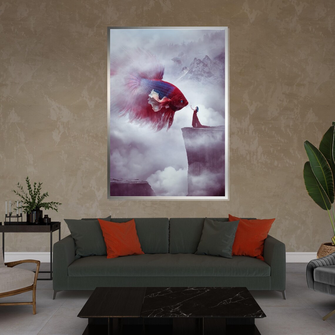Giant Betta Fish And Woman On Cloud Cliff Surreal Fantasy Poster - Image 4
