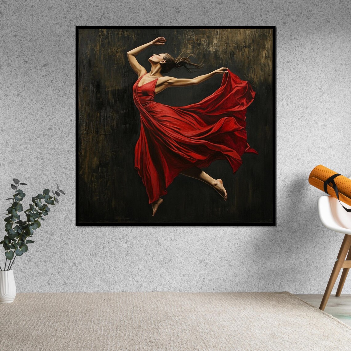 Woman Flowing Red Dress Twirling Dark Stage Motion Art Poster - Image 5