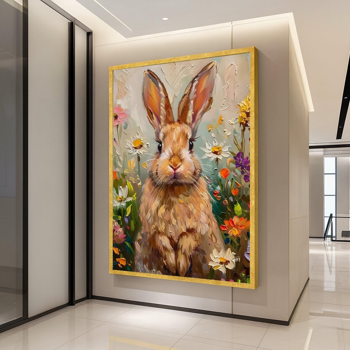 Whimsical Bunny Portrait Art Print, Floral Spring Garden