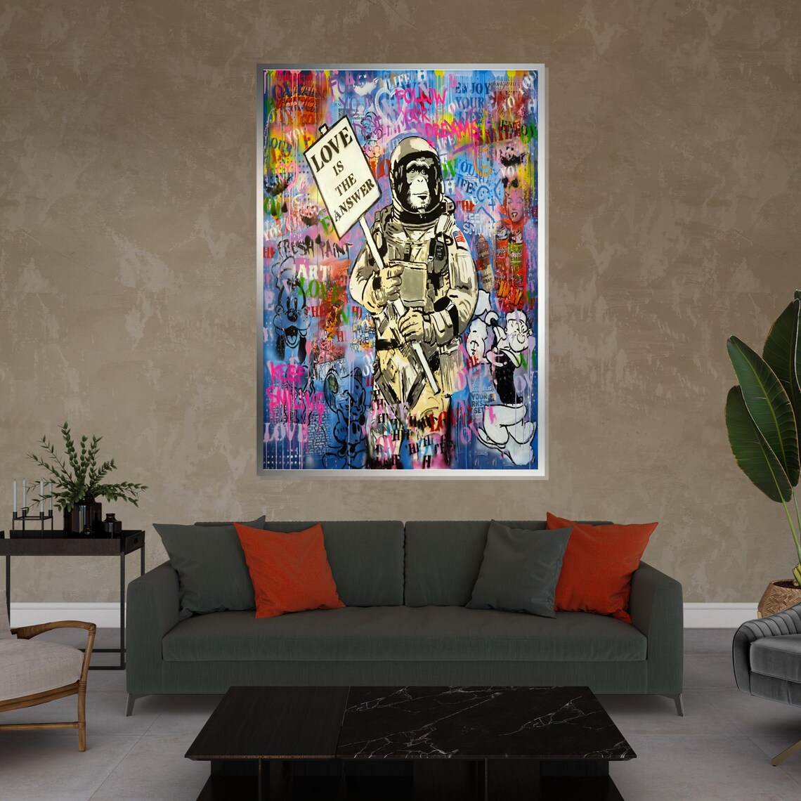 Astronaut Chimp Holding Love Is The Answer Sign Graffiti Pop Art Poster - Image 4