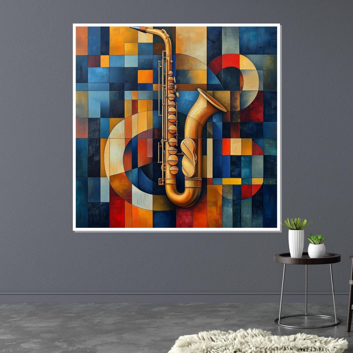 Geometric Mosaic Golden Saxophone Bold Blue Orange Jazz Poster - Image 3