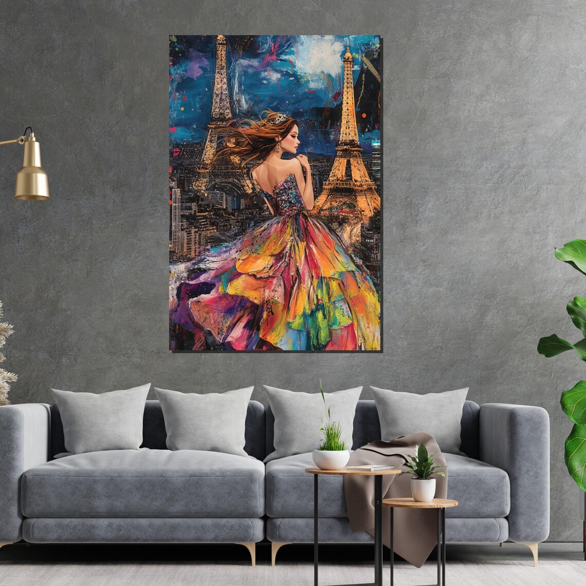 Woman In Multicolor Gown Twin Eiffel Towers Paris Night Fashion Poster - Image 2