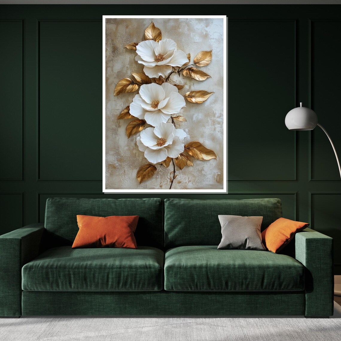 White Floral Elegance, Gold Leaf Botanical Art Print - Image 3