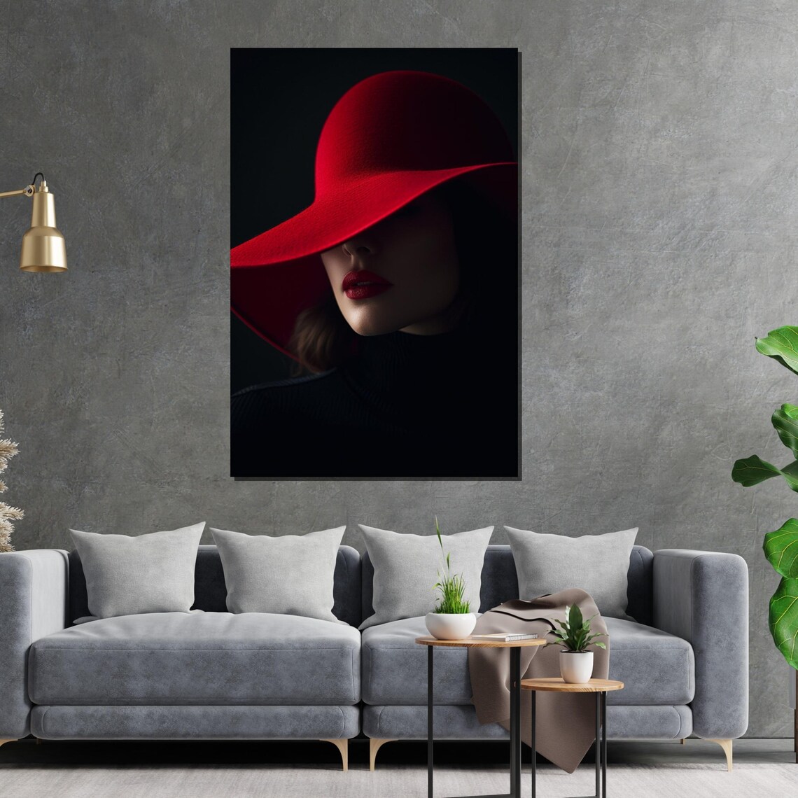 Elegant Mysterious Woman in Red Hat Dramatic Shadow Fashion Poster - Image 2