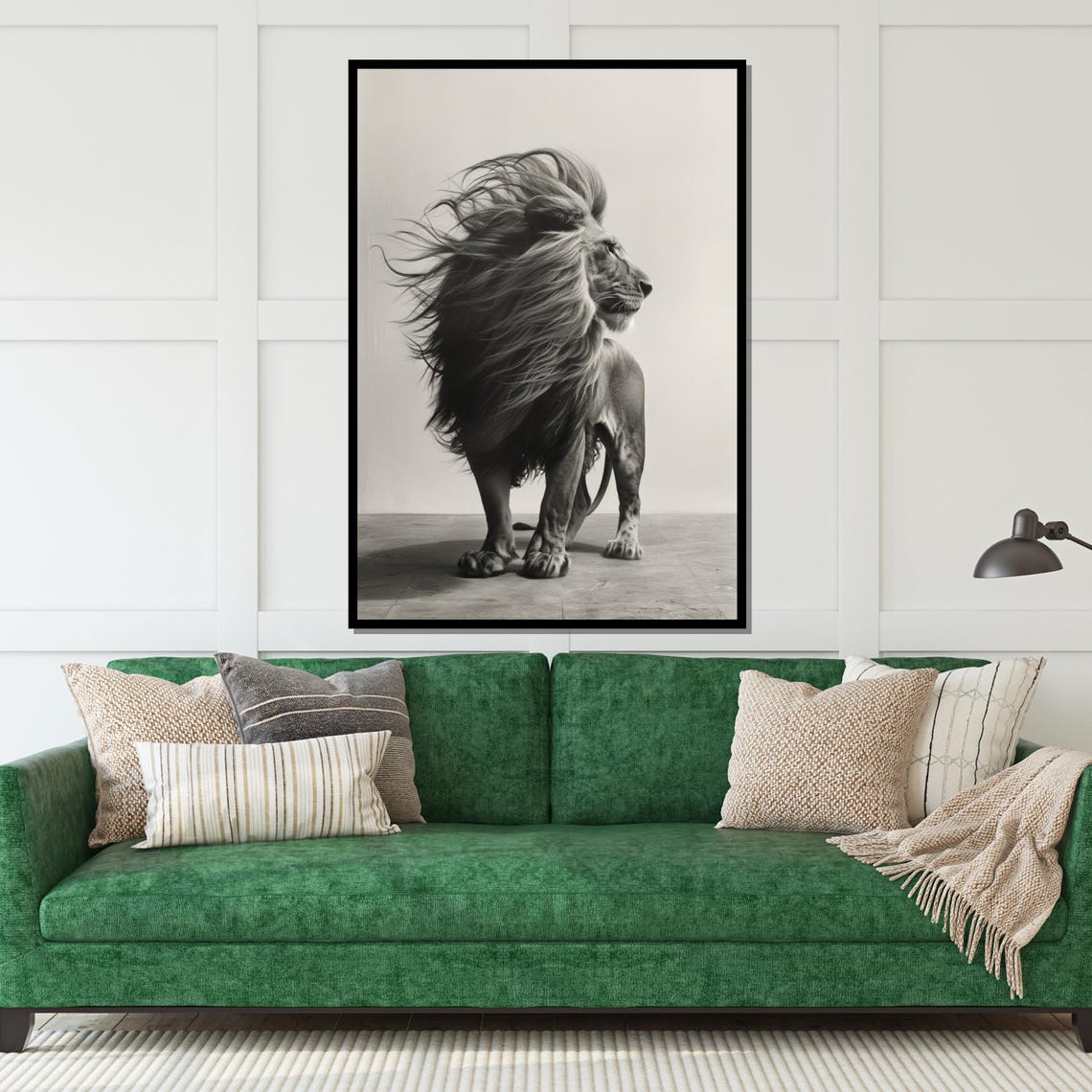 Monochrome Lion Standing Windswept Mane Black White Art Poster - Image 5