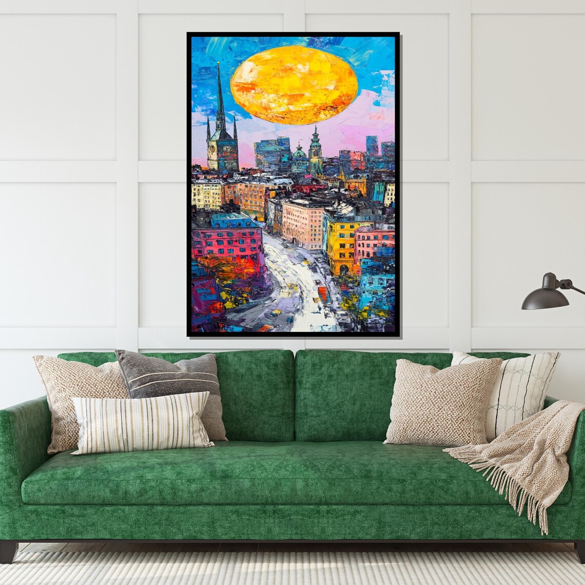 Colorful Cityscape Big Yellow Sun Church Spire Urban Art Poster - Image 5