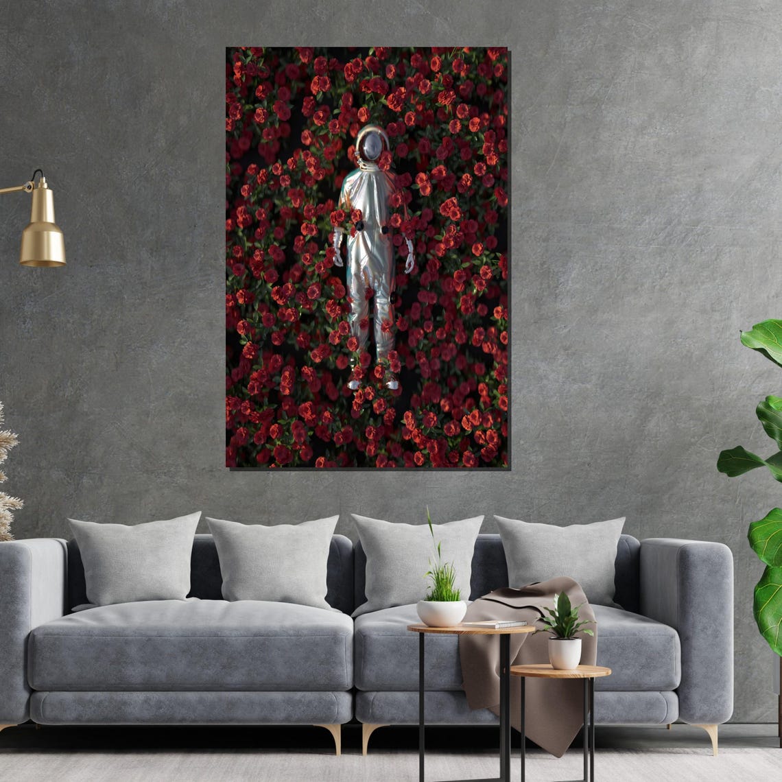 Astronaut Floating in a Sea of Red Roses Surreal Space Art Poster - Image 2
