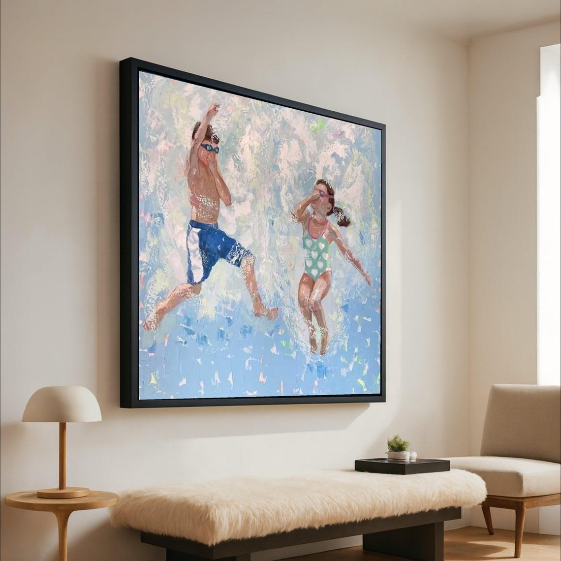 Joyful Kids Jumping Into Water Summer Impressionist Art Poster