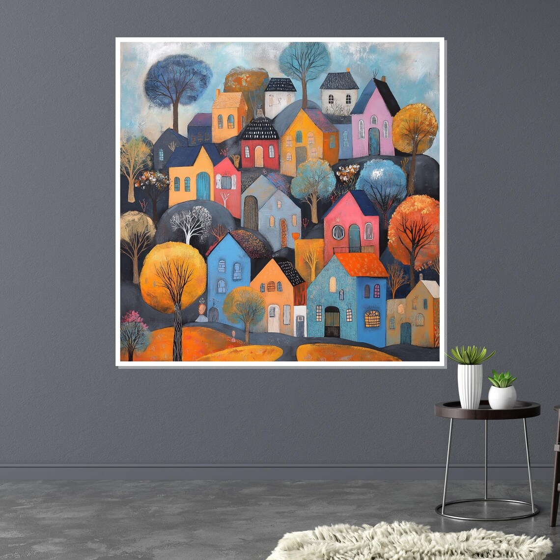 Whimsical Colorful Village Houses Hillside Folk Art Decor Poster - Image 3