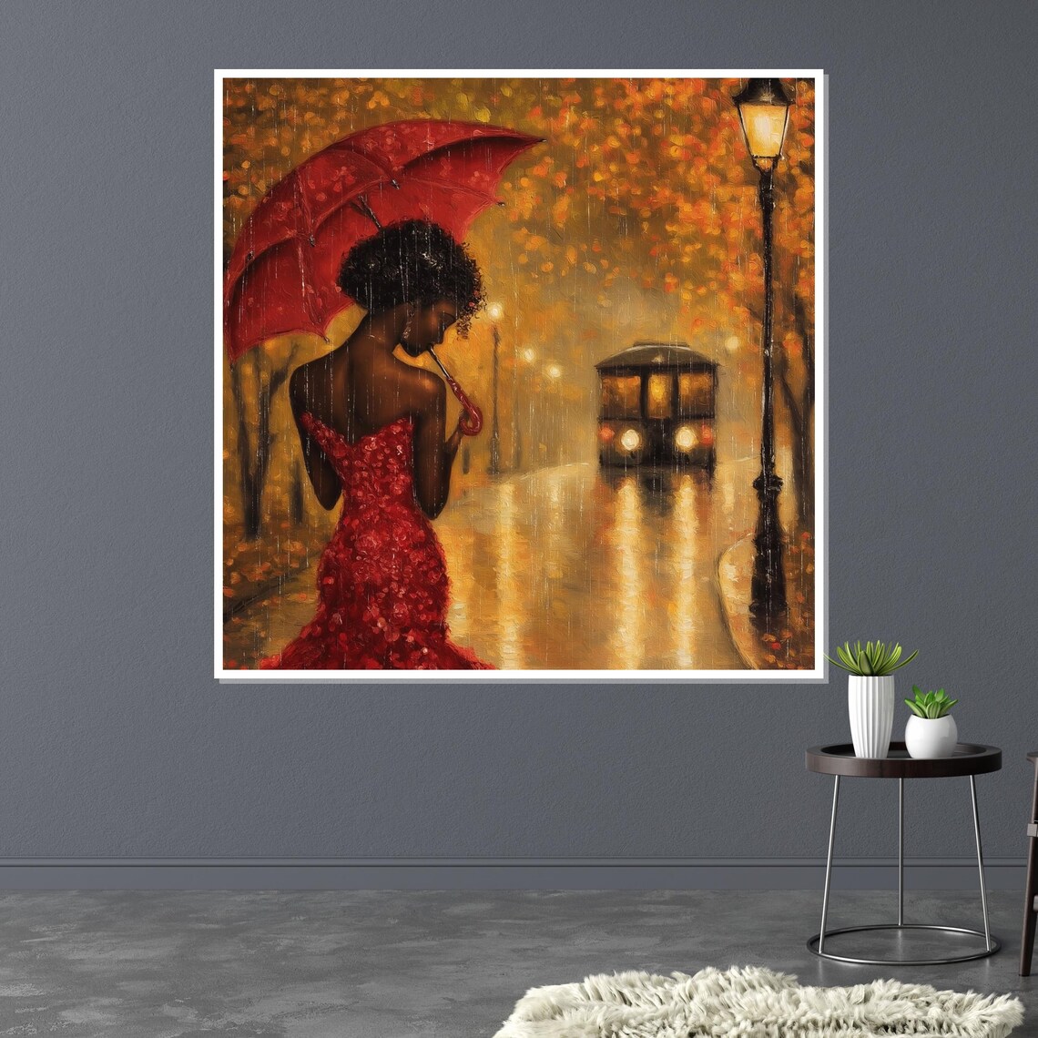 Lady In Red Dress Red Umbrella Rainy Night Street Golden Glow Poster - Image 3