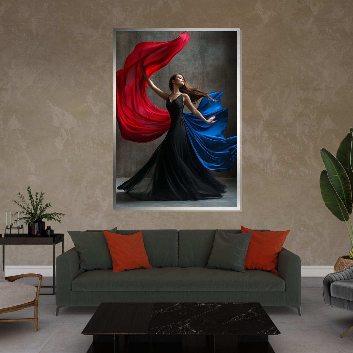 Dancer Black Gown Red Blue Silk Streaming Movement Art Poster - Image 4