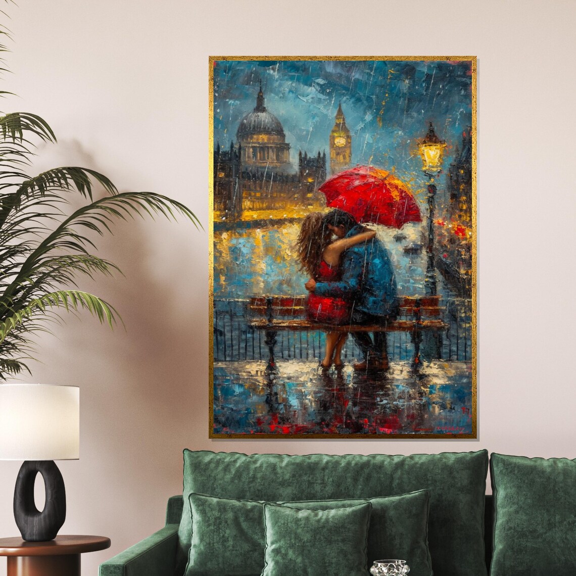Rainy London Kiss Couple Under Red Umbrella Big Ben Night Poster