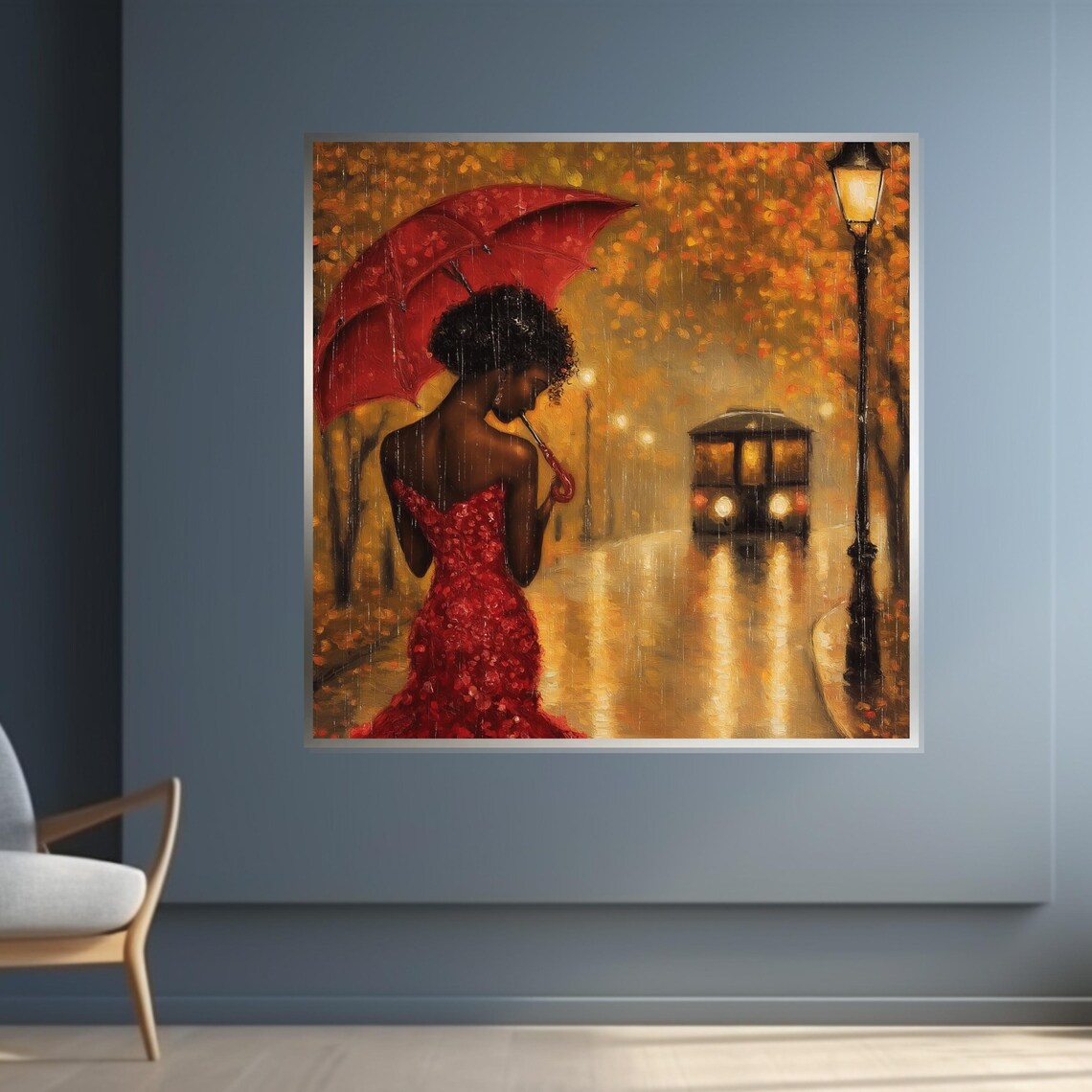 Lady In Red Dress Red Umbrella Rainy Night Street Golden Glow Poster - Image 4