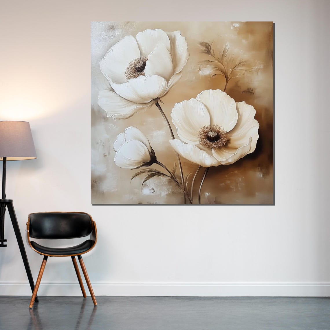 Elegant White Poppy Flowers Soft Beige Minimalist Floral Poster - Image 2
