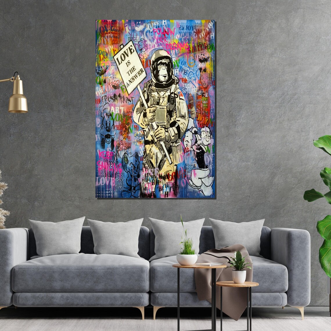 Astronaut Chimp Holding Love Is The Answer Sign Graffiti Pop Art Poster - Image 2