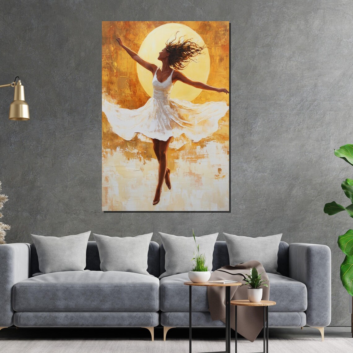 Woman White Dress Dancing Before Radiant Golden Sun Art Poster - Image 2