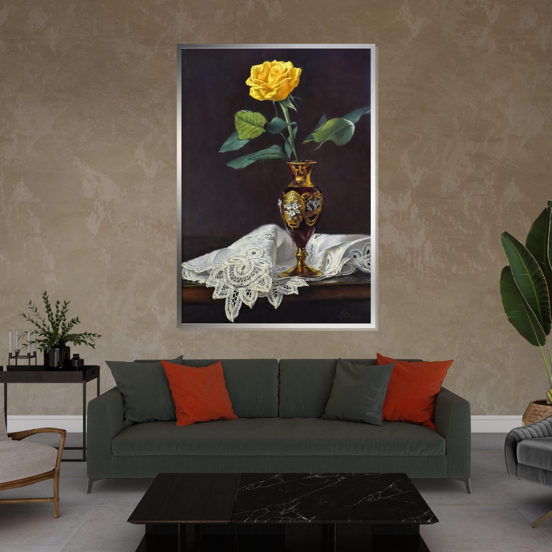 Yellow Rose In Ornate Gold Vase With Lace Classic Floral Wall Art - Image 4