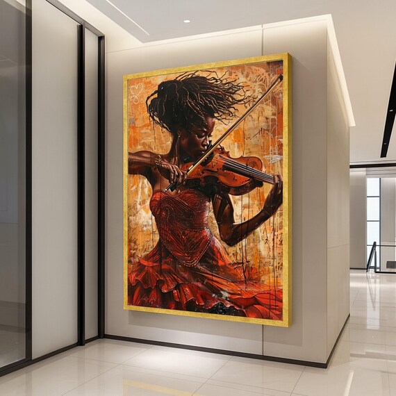 Elegant Violinist Woman Red Dress Musical Portrait Art Poster