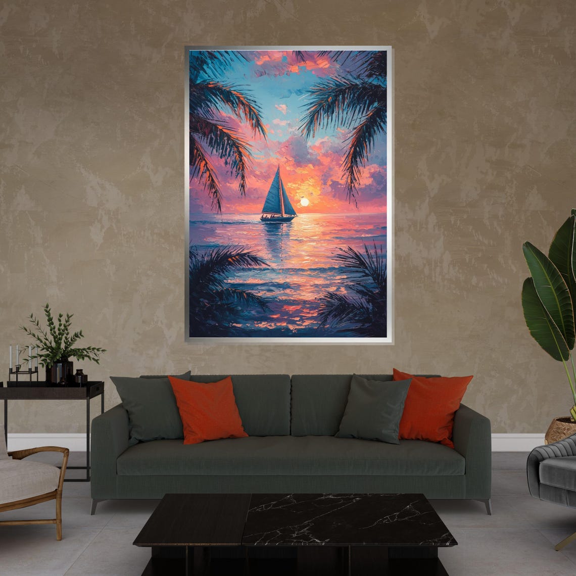 Tropical Sunset Sailboat Palm Trees Pink Sky Ocean Art Poster - Image 4