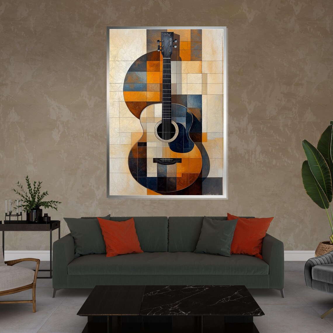 Geometric Mosaic Acoustic Guitar Warm Retro Tones Music Art Poster - Image 4