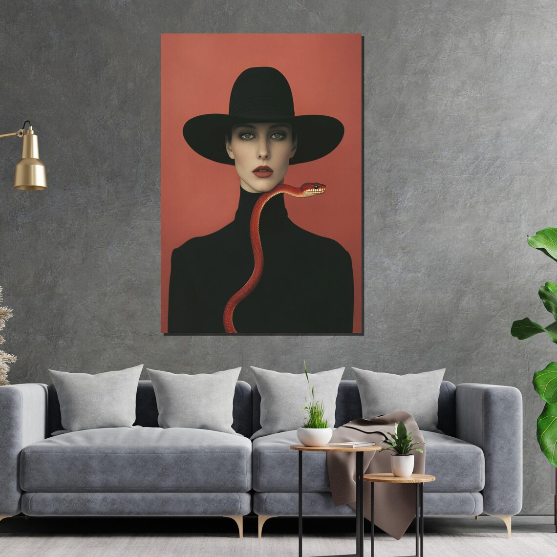 Woman Black Hat Red Snake Surreal Fashion Portrait Art Poster - Image 2