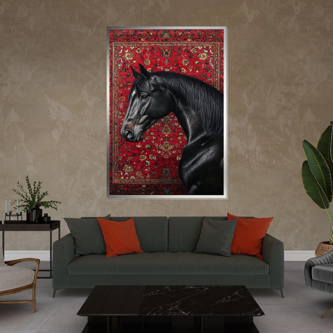 Black Stallion Red Persian Rug Elegant Equine Portrait Art Poster - Image 4