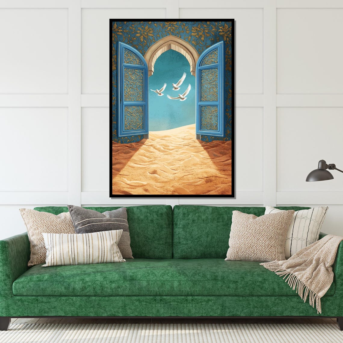 Blue Moroccan Doorway Doves Flying Desert Sand Dreamy Art Poster - Image 5