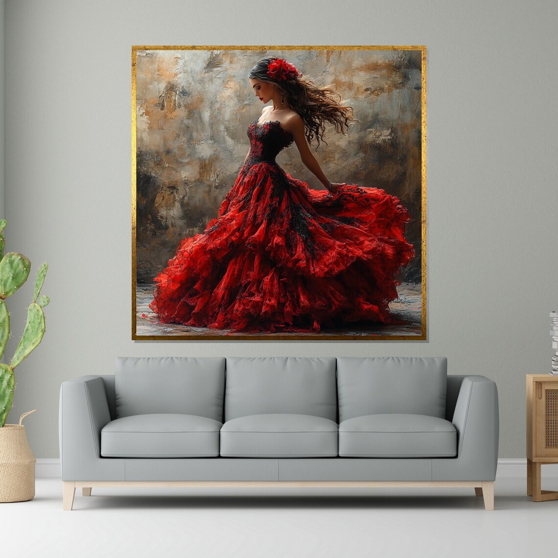 Woman in Flowing Red Ruffled Dress with Flower Dance Art Poster