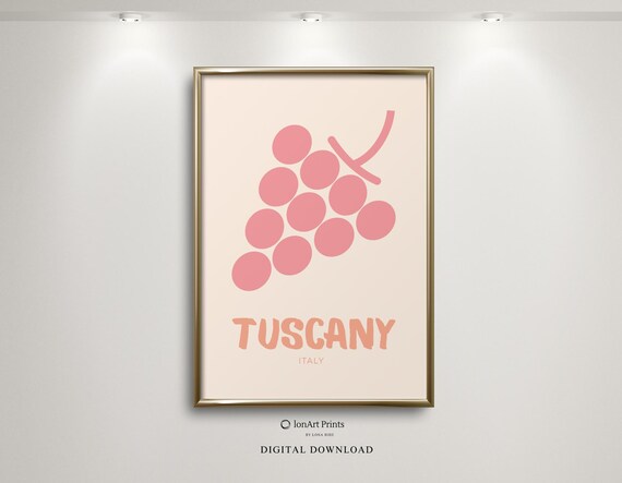 Tuscany Italy Retro Pink Grapes Travel Poster For Wine Lovers