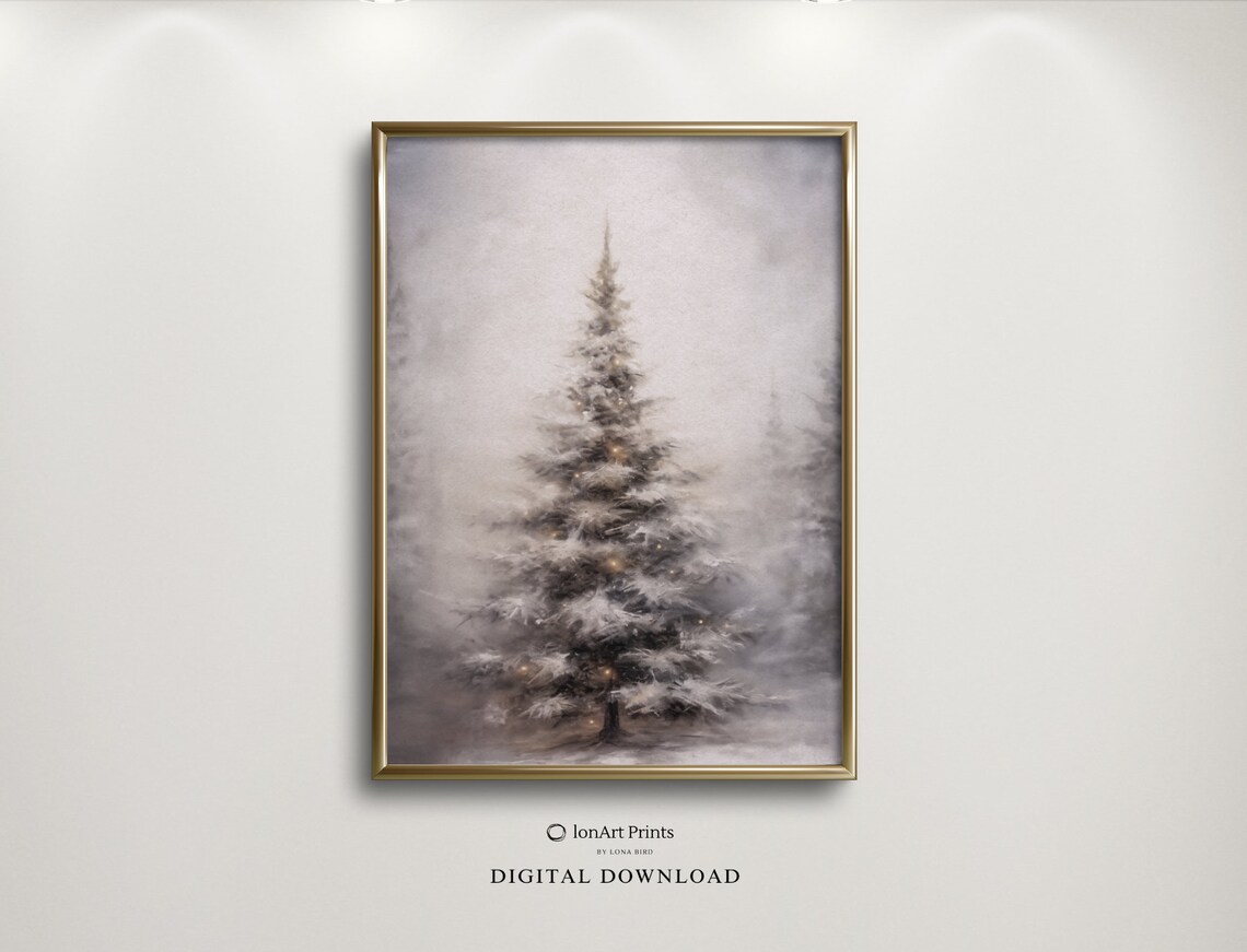 Vintage Moody Christmas Tree Art Print, Farmhouse Decor