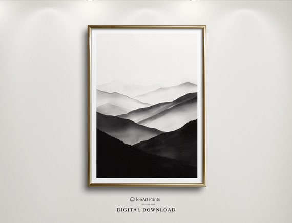 Monochromatic Mountain Landscape Abstract Black And White Watercolor Painting Minimalist Highquality Art