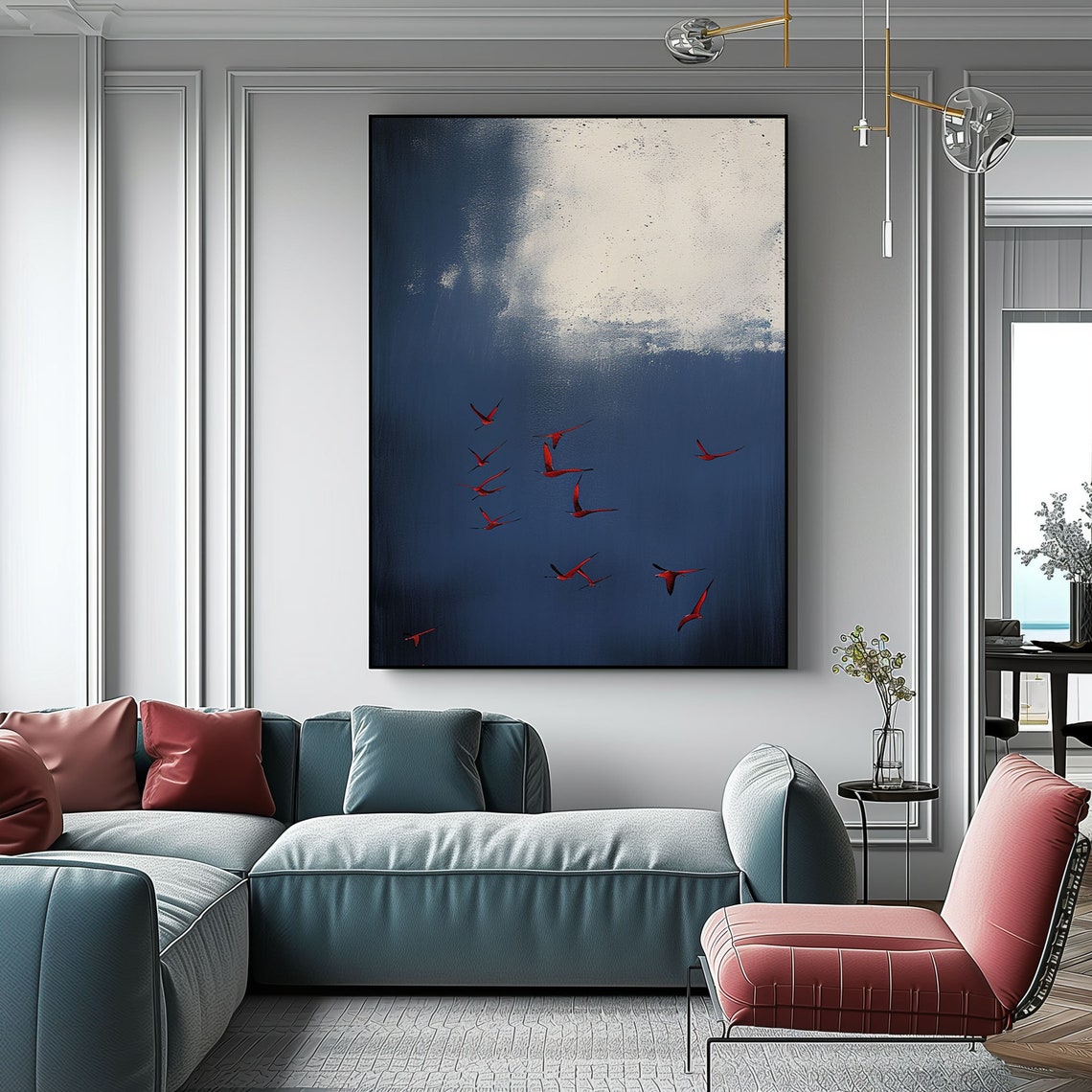Navy White Abstract Red Birds Flock Flight Dramatic Art Poster - Image 2