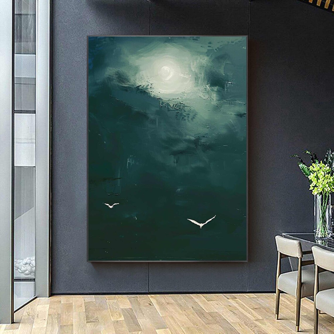 Serene Dark Green Moonlit Sky With White Birds Oil Painting Poster - Image 3