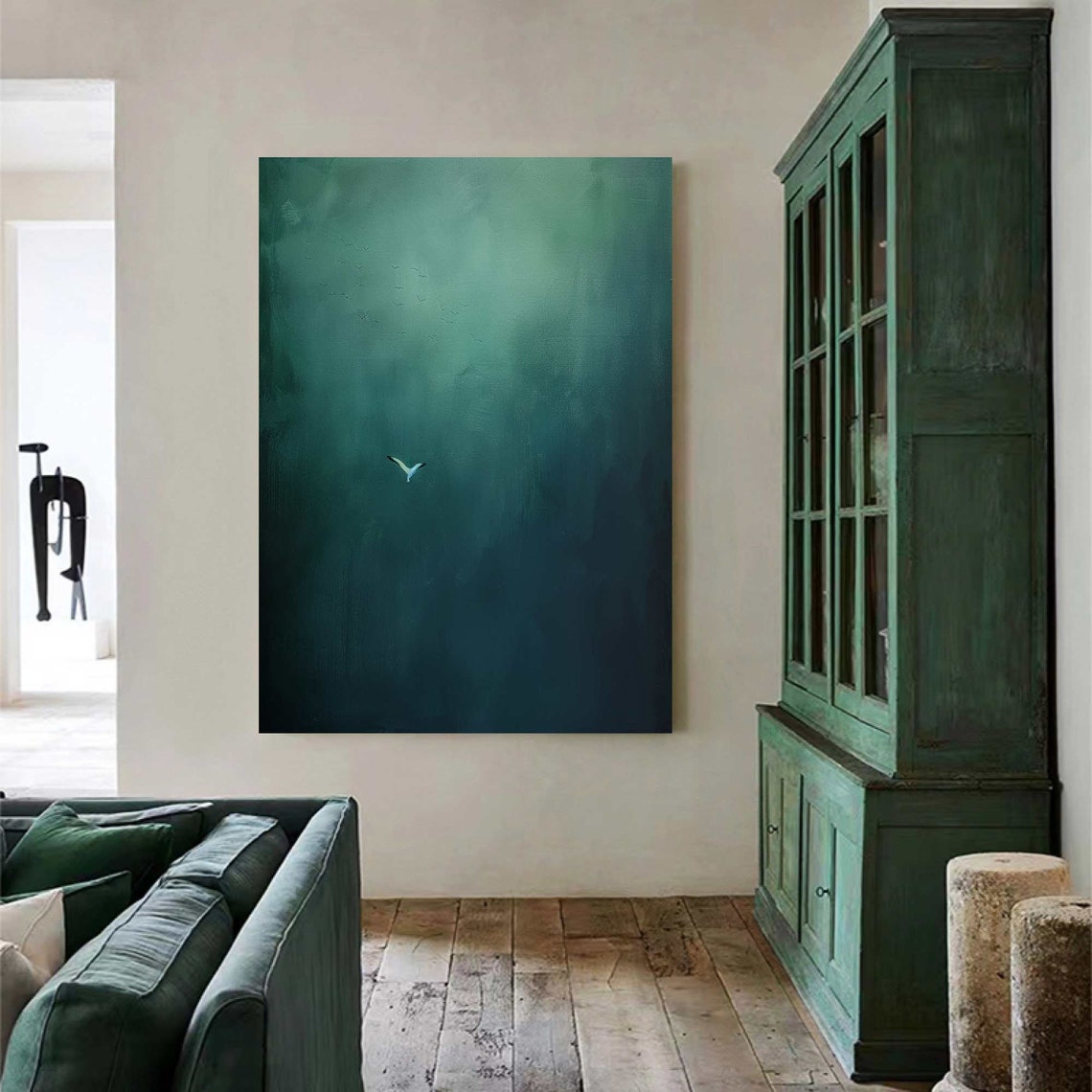 Dark Green Sky Lone Bird Minimalist Moody Emerald Abstract Poster - Image 2