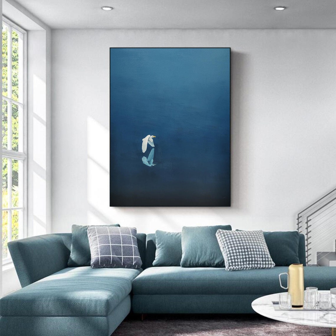 Emerald Blue Abstract Painting White Bird Flight Minimalist Wall Art - Image 2