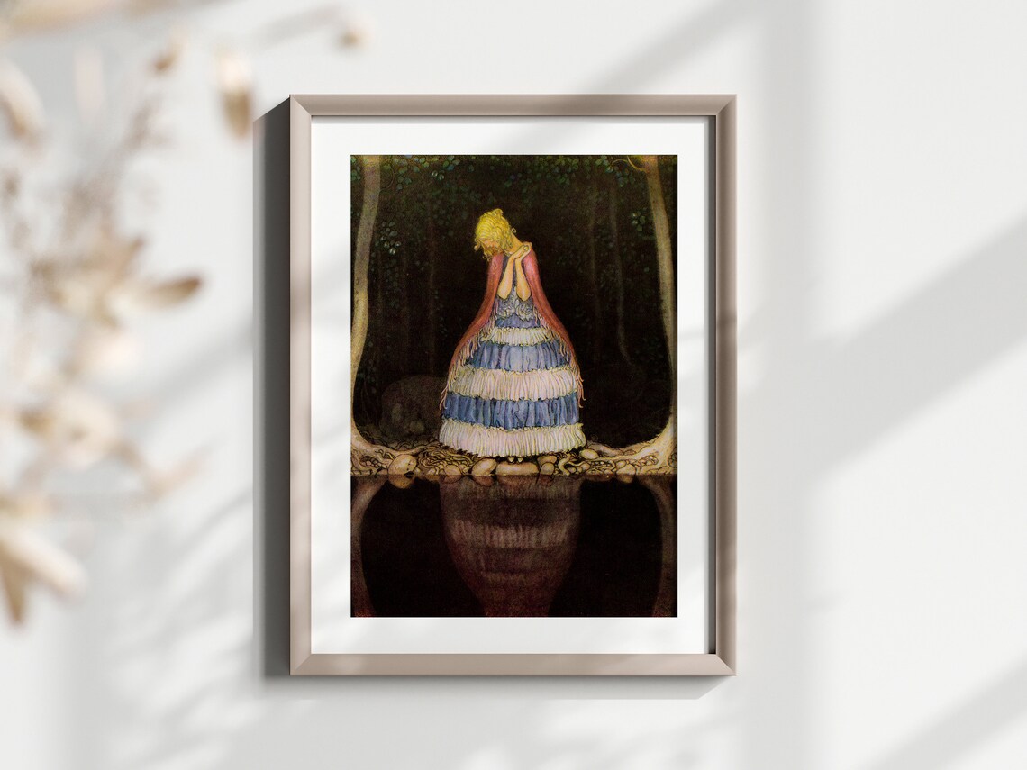 Fairytale Girl In Blue Dress Dark Forest Moody Vintage Art Poster